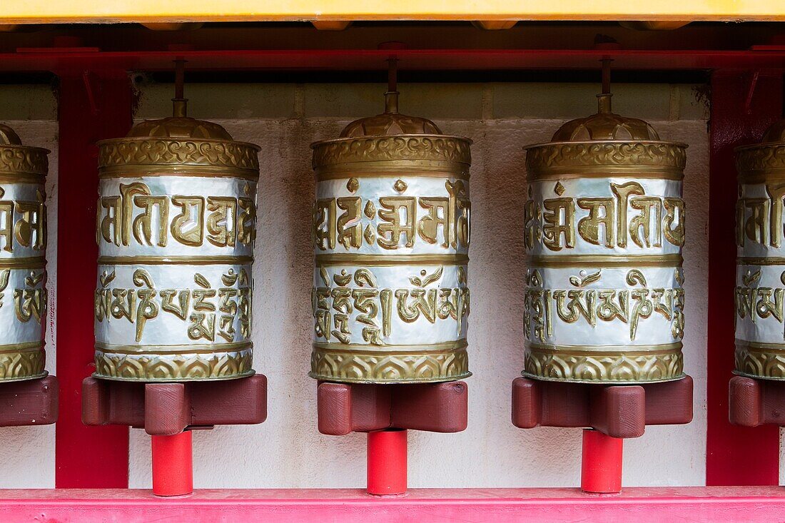 Prayer-wheel in Dag Shang Kagyu, a buddhist temple in Panillo, near Graus  Ribagorza region  Huesca  Aragón, Spain  Europe