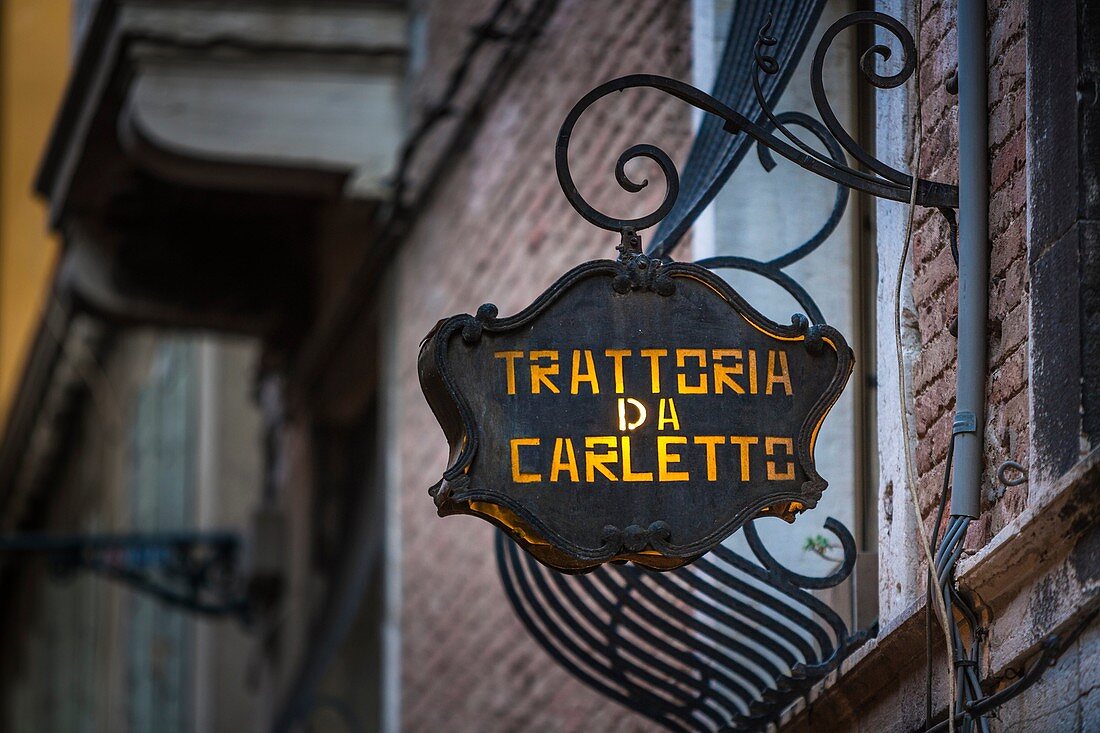 Close up of a restaurant sign, Venice, Italy, Europe