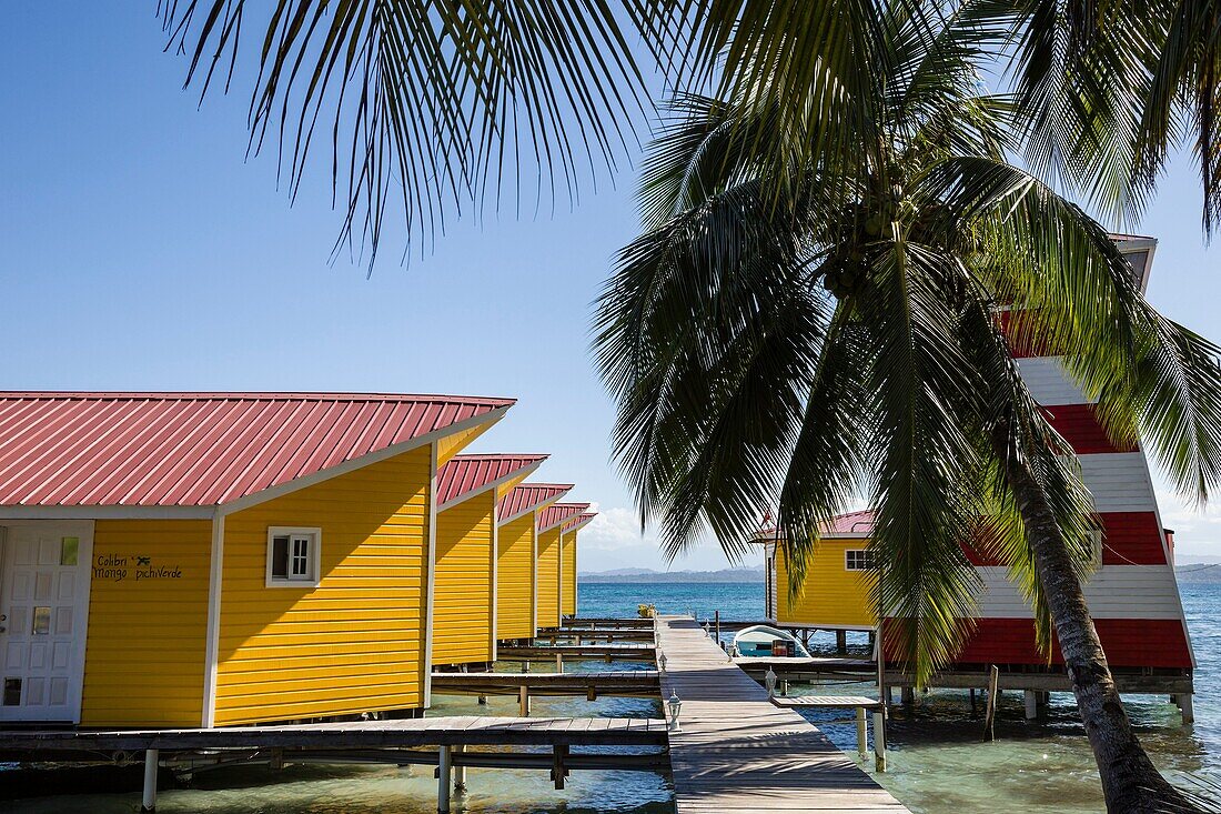 Yellow waterfront cabins at El Faro del Colibri hotel on Isla Carenero, Bocas del Toro Archipelago, Panama