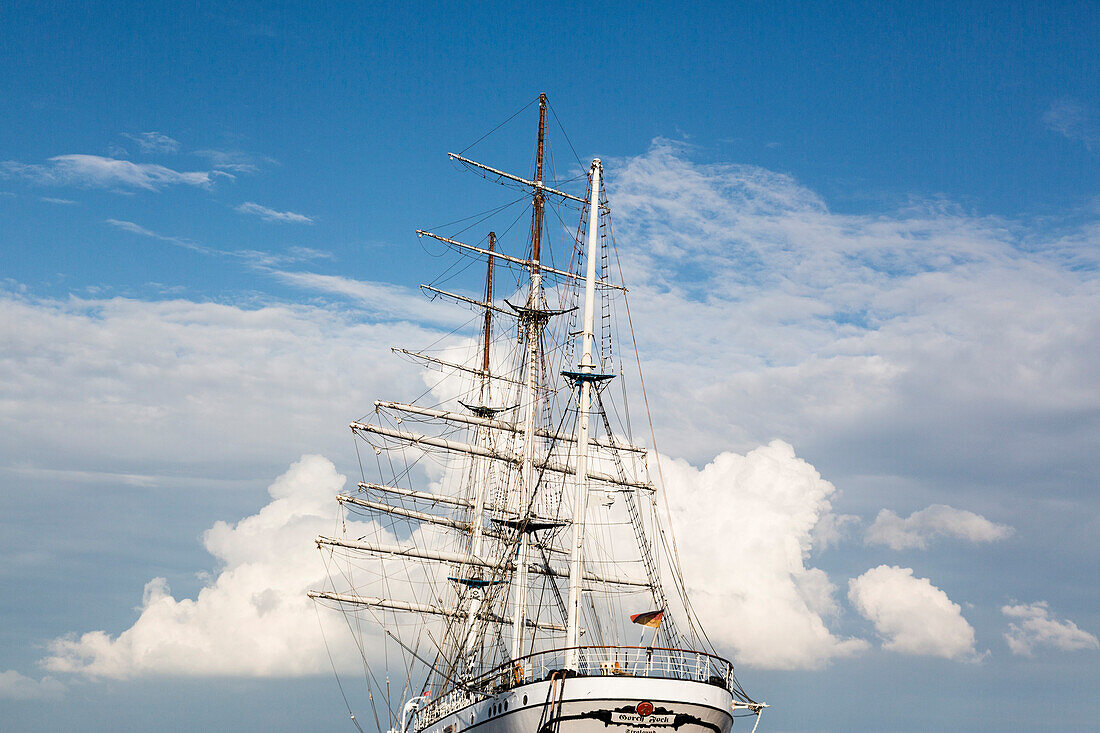 Sailing ship in Stralsund harbor, mast of Gorch Fock 1, Stralsund, Ruegen, Mecklenburg-West Pomerania, Germany