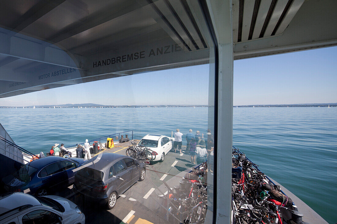 View across Lake Constance, Ferry with cars and bikes, Lake Constance, Baden-Wuerttemberg, Germany