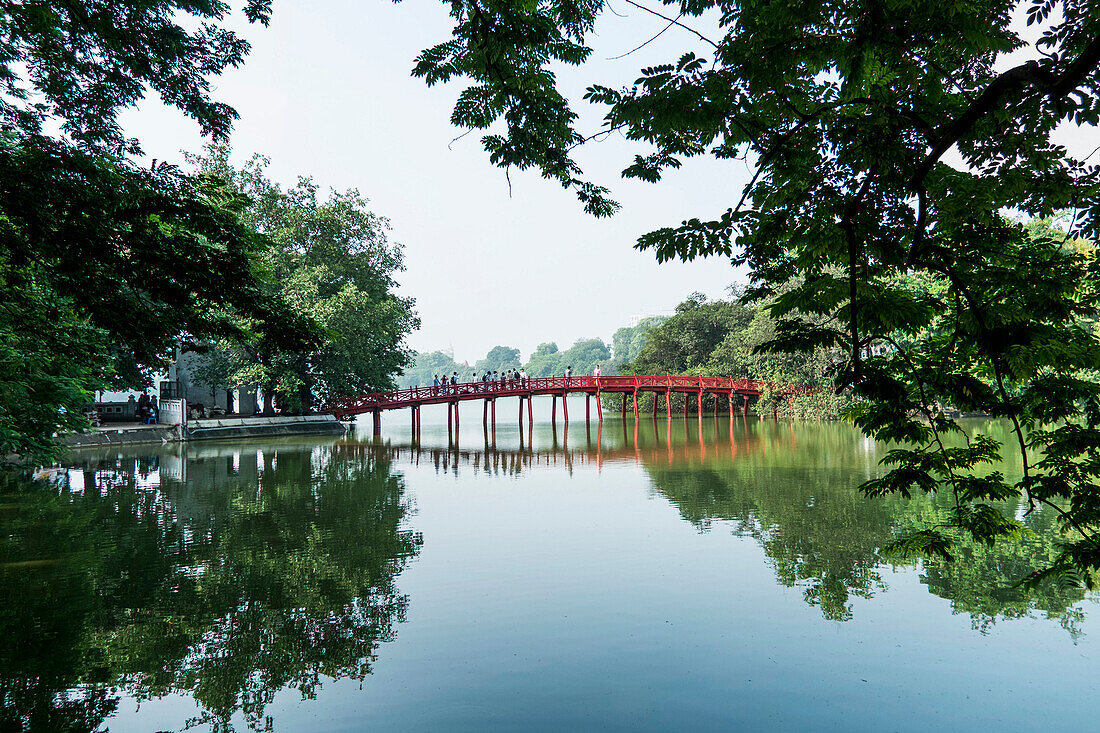 The Huc bridge at the Hoan Kiem lake, Hanoi, Vietnam, Asia