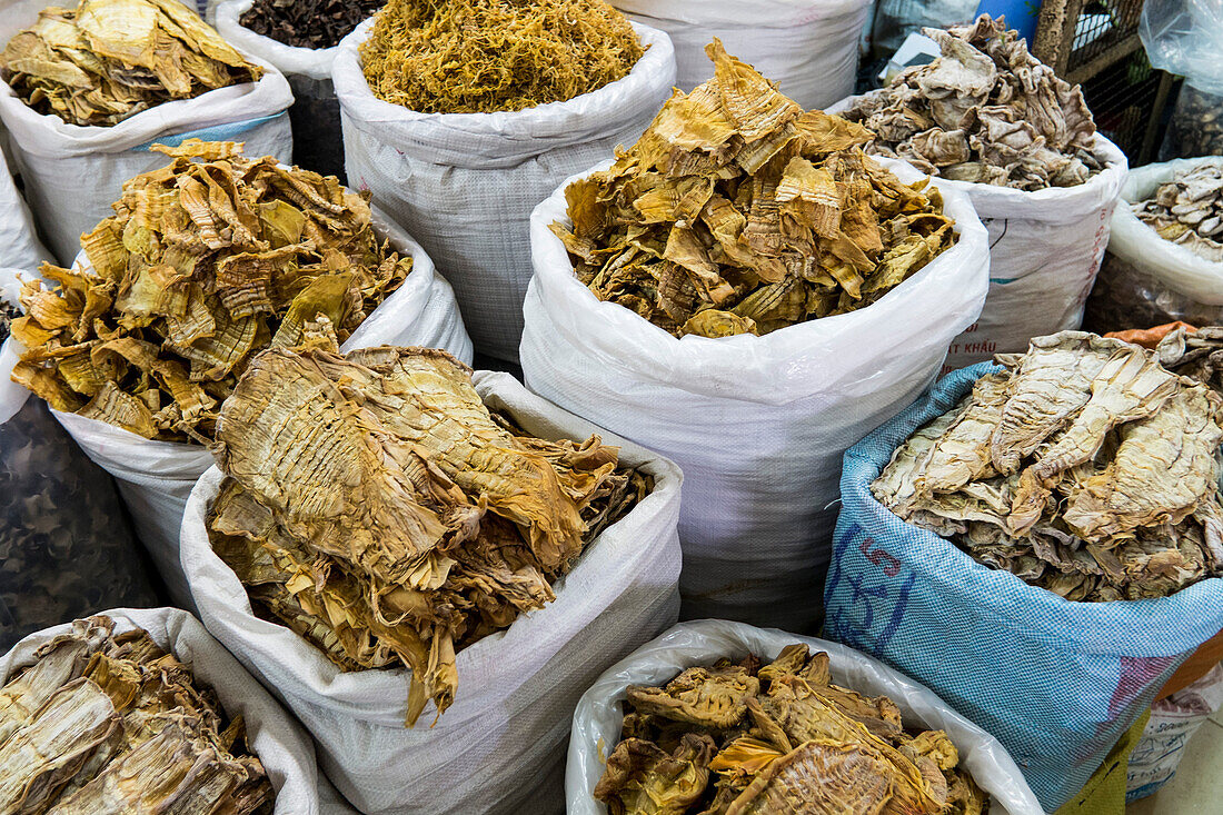 Dried fish on the market in the streets of Hanoi, Vietnam, Asia