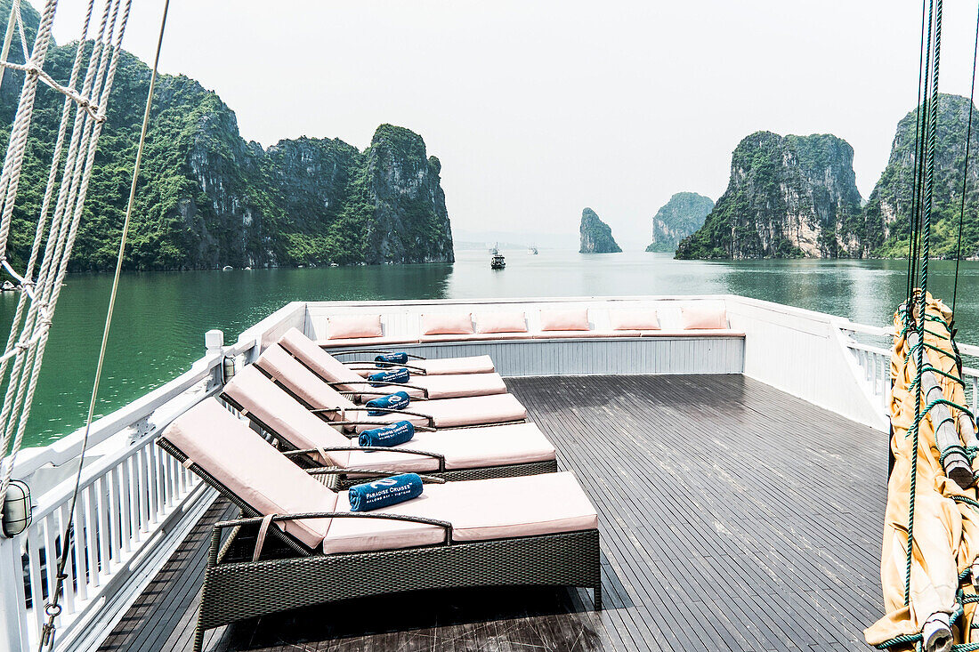 Wooden junk in Halong Bay, north of Vietnam, Asia