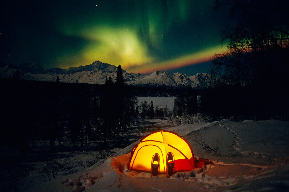 Tent Camping Winter Northern Lights Mile 135 Parks Hwy AK Mt McKinley Interior Snowshoes
