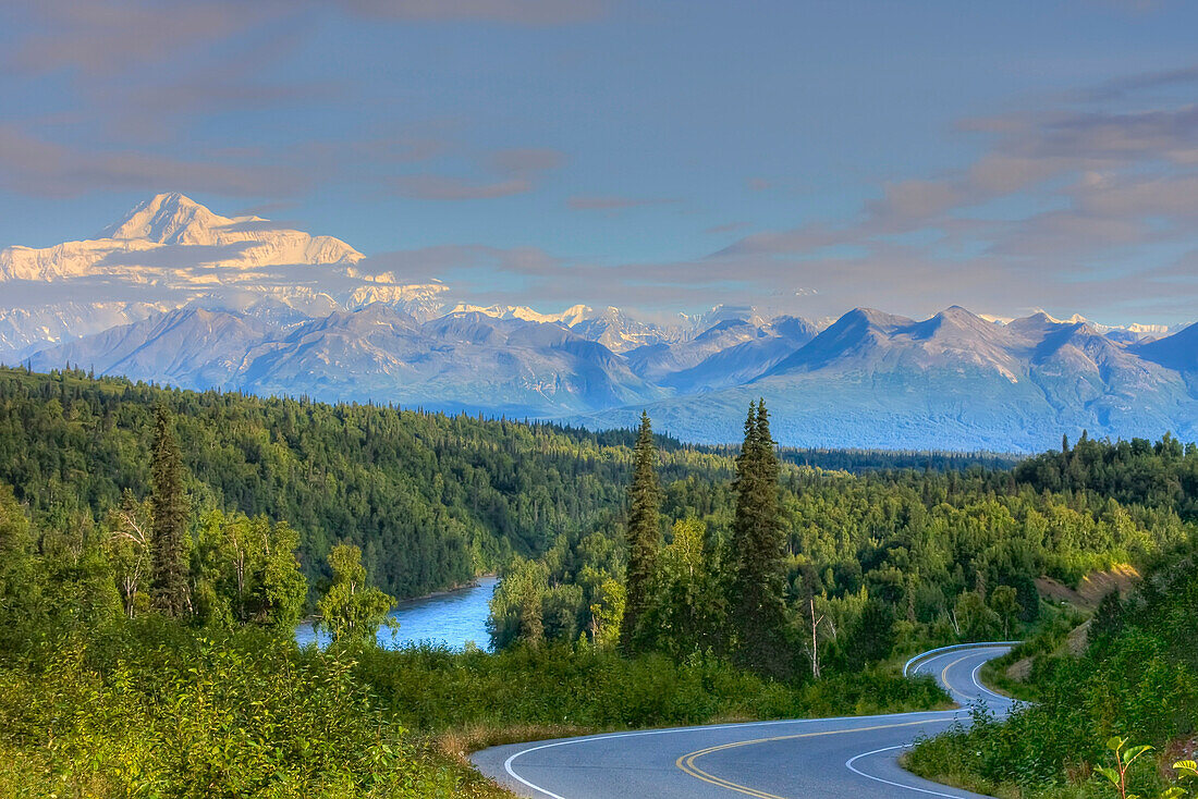 Scenic view of Mt. Mckinley and the Parks Highway Denali National Park near the Princess Lodge, HDR image