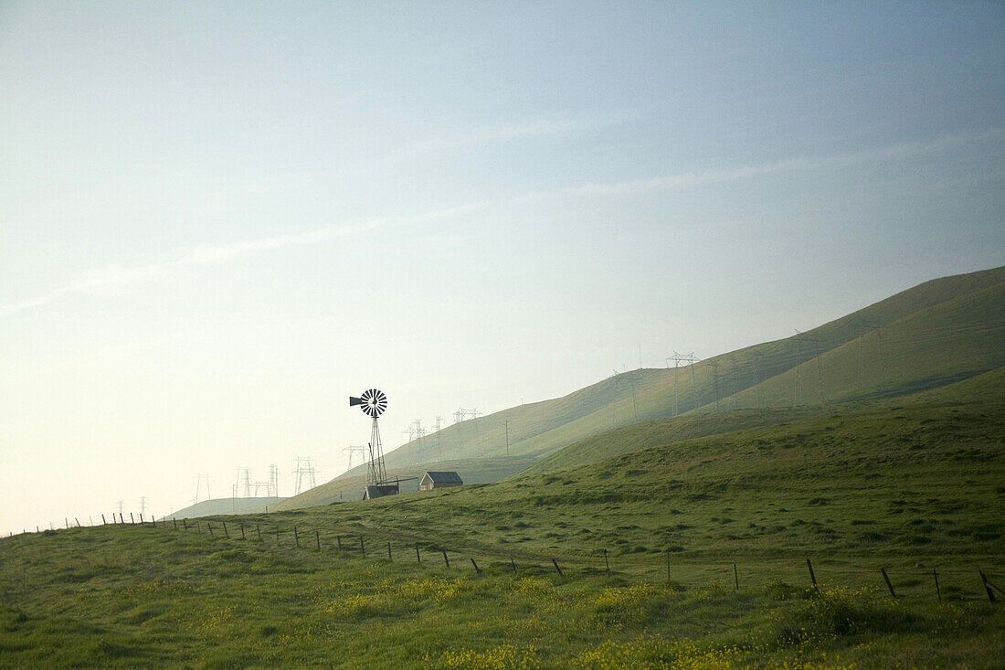 Windmill and Hilly Countryside, Northern California, USA