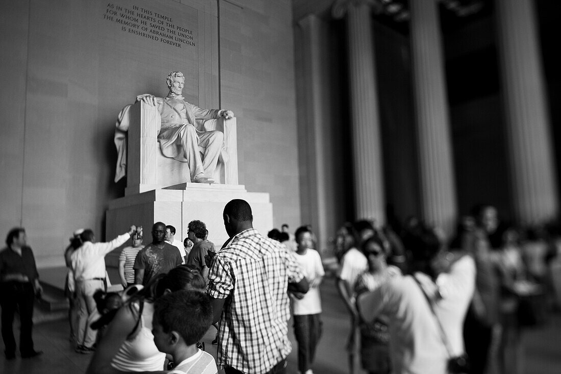 Tourists Viewing Statue of Abraham Lincoln Inside Lincoln Memorial, Washington, DC, USA