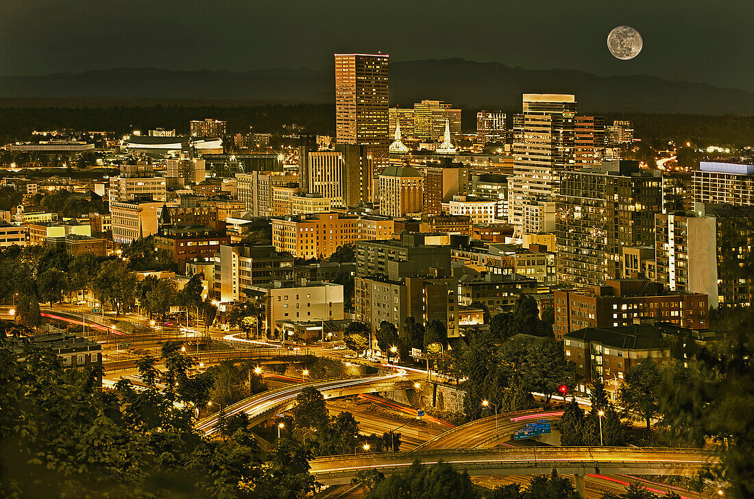 Night view of Portland city downtown area, Elevated view, Summer night, Moon in the sky