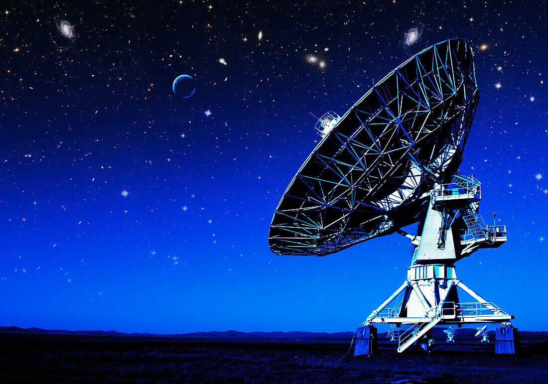 Radio telescopes in the landscape in New Mexico. Night.  Antennae in rows.