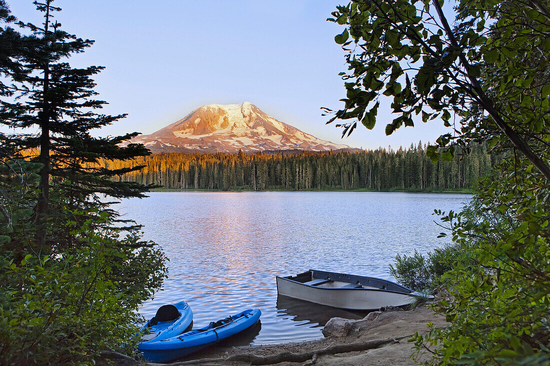 Mount Adams, a stratovolcano at over 12, 000 feet in the Cascade Mountain Range of Washington State, USA, reflected in Lake Takhlakh, in the Gifford Pinchot National Forest