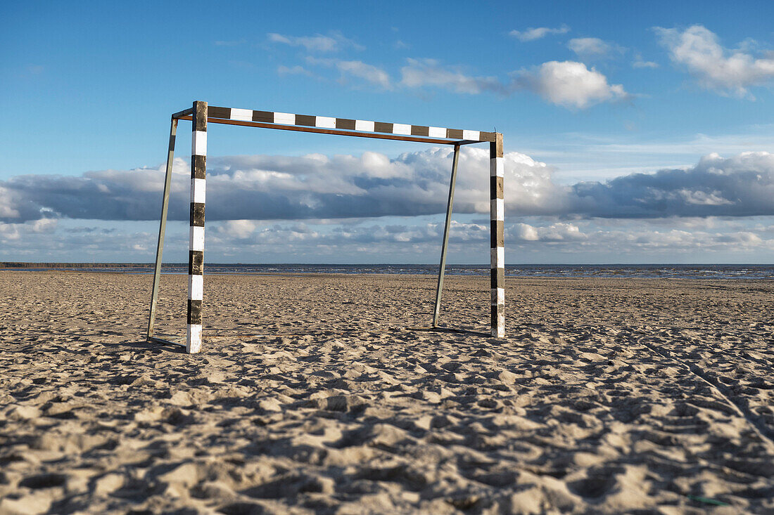 A black and white painted goal on the sand at the beach resort of Parnu