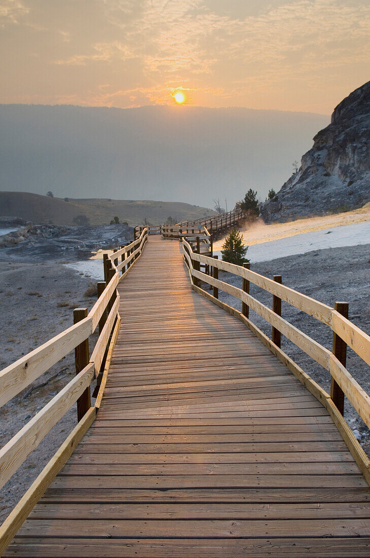 Boardwalk through Mammoth Hot Springs at sunrise in Yellowstone National Park, Wyoming