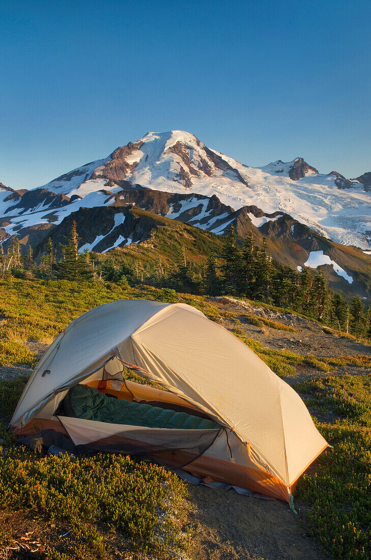 Backcountry campsite on Skyline Divide overlooking the landscape of  Mount Baker Wilderness, in the North Cascades region of  Washington State