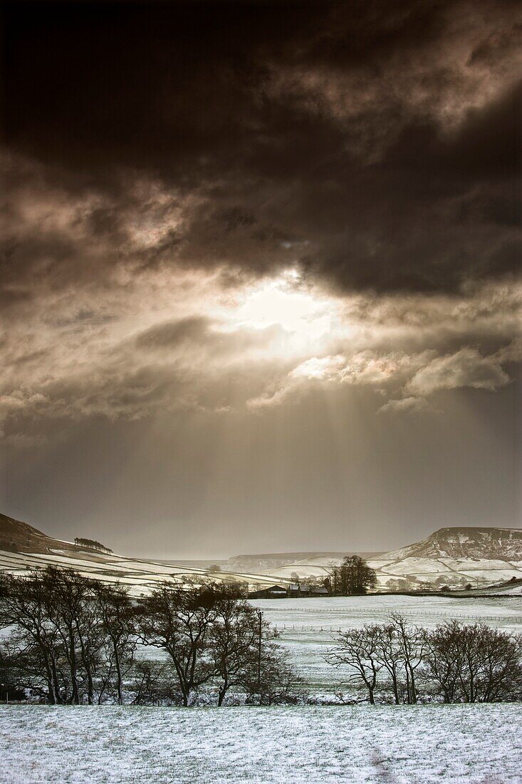 North Yorkshire, England, Sun Shining Over Sepia-Toned Winter Landscape