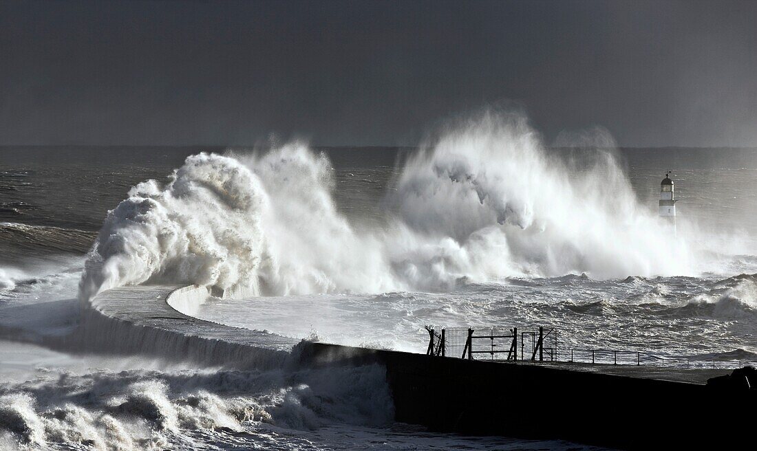 Seaham, England, Stormy Waves Pounding Seawall