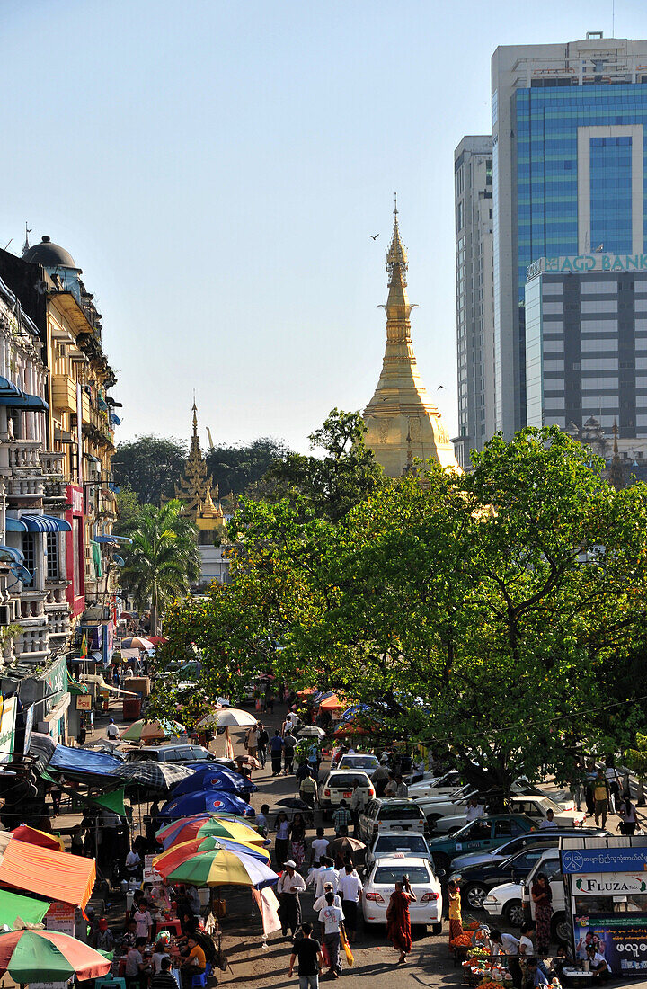 Street market with parking slot, view from New Aye Yar hotel on the oldtown, Yangon, Myanmar, Burma, Asia