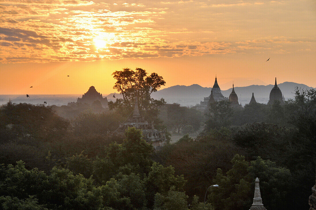 Morninglight over Bagan, view from Kya-mar-pat Temple, Bagan, Myanmar, Burma, Asia