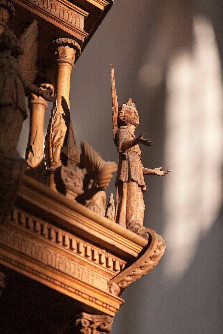 Wooden carvings on the pulpit, nave of monastry church Riddagshausen, Cistercian, Brunswick, Lower Saxony, Germany