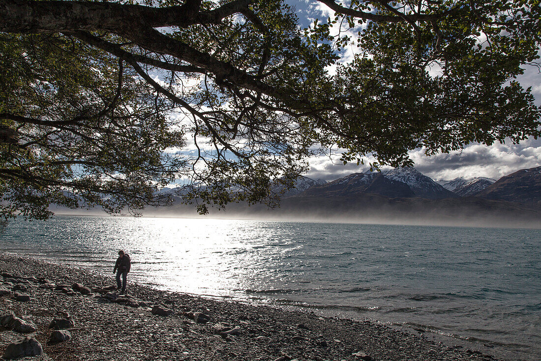Person walking along the banks of Lake Wakatipu, South Island, New Zealand