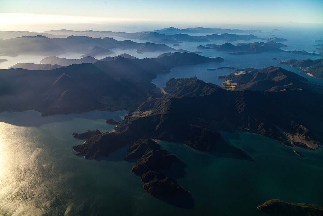 Aerial view of bays and islands at Marlborough Sounds, South Island, New Zealand