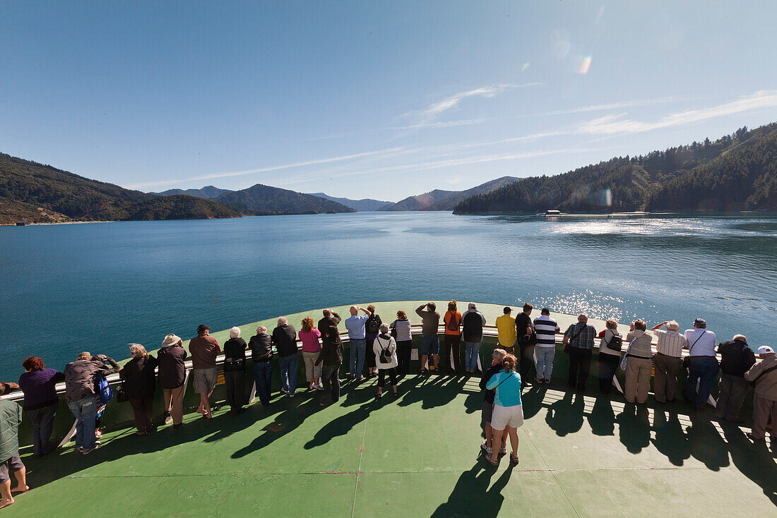 Passengers stand on the bow of the ferry boat entering Marlborough Sounds, Tory Channel, Marlborough, South Island, New Zealand