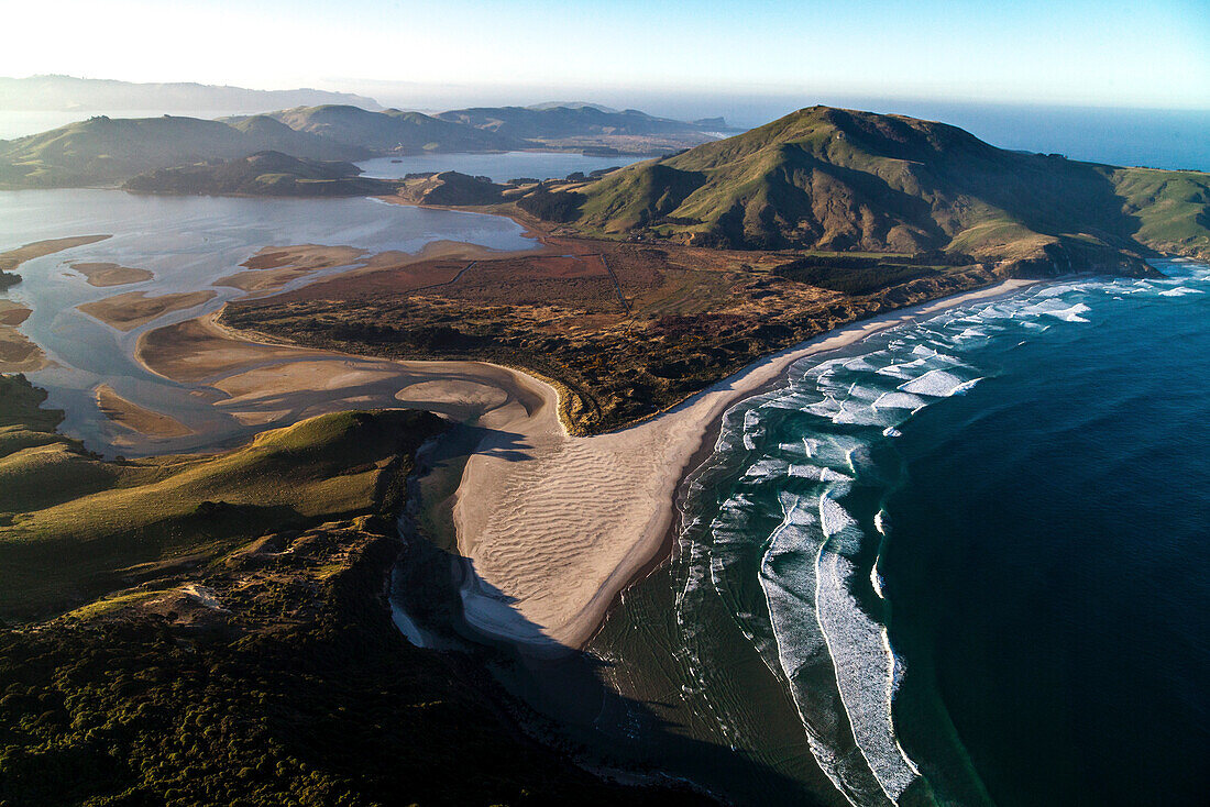 Aerial view across Otago Peninsula with Allans beach and Hoopers Inlet, Dunedin, Otago, South Island, New Zealand