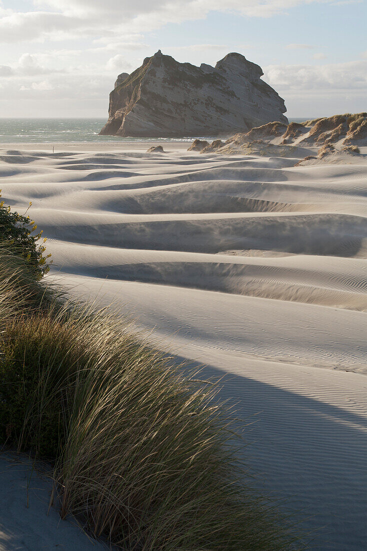 Wave-like sand dunes at Wharariki Beach, South Island, New Zealand