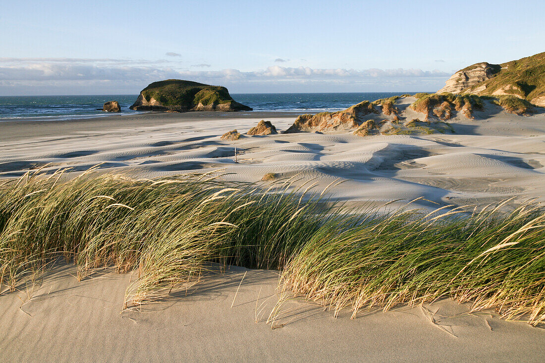 Wave-like sand dunes at Wharariki Beach, South Island, New Zealand