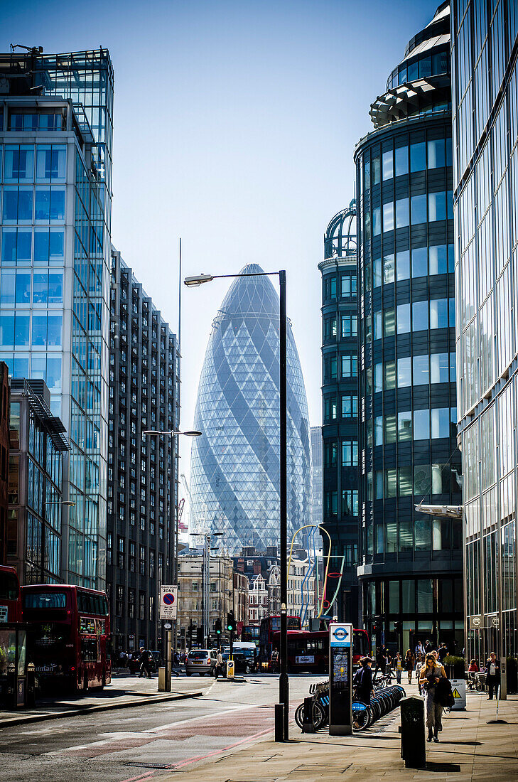 View of 30 St. Mary Axe, The Gherkin, London, England, UK