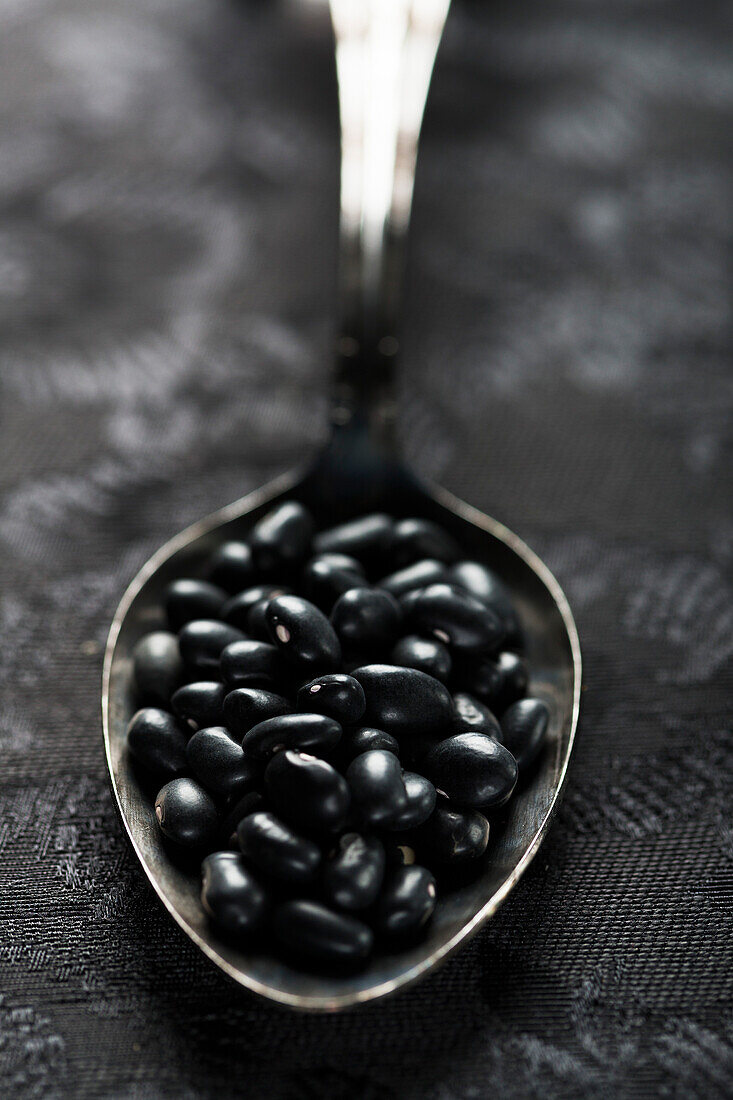 Black Beans in Spoon, Close-Up