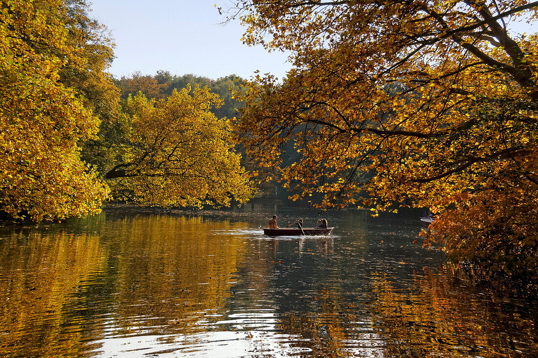 Lake in Tiergarten in autumn with rowing boats, Berlin Center, Berlin, Germany
