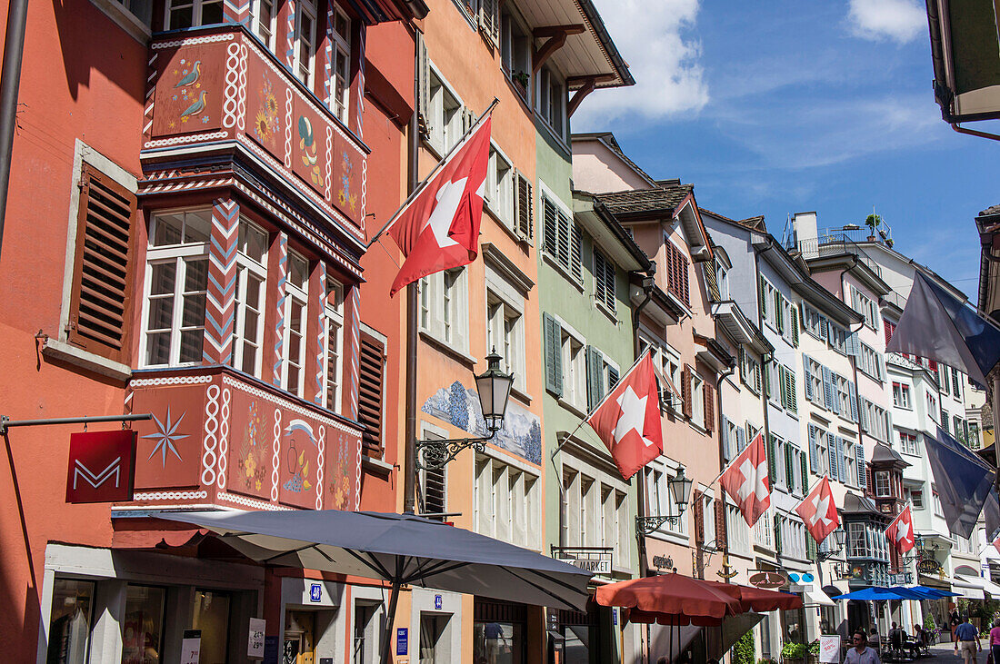 Old city center, Augustinergasse, swiss flaggs, Zurich, Switzerland