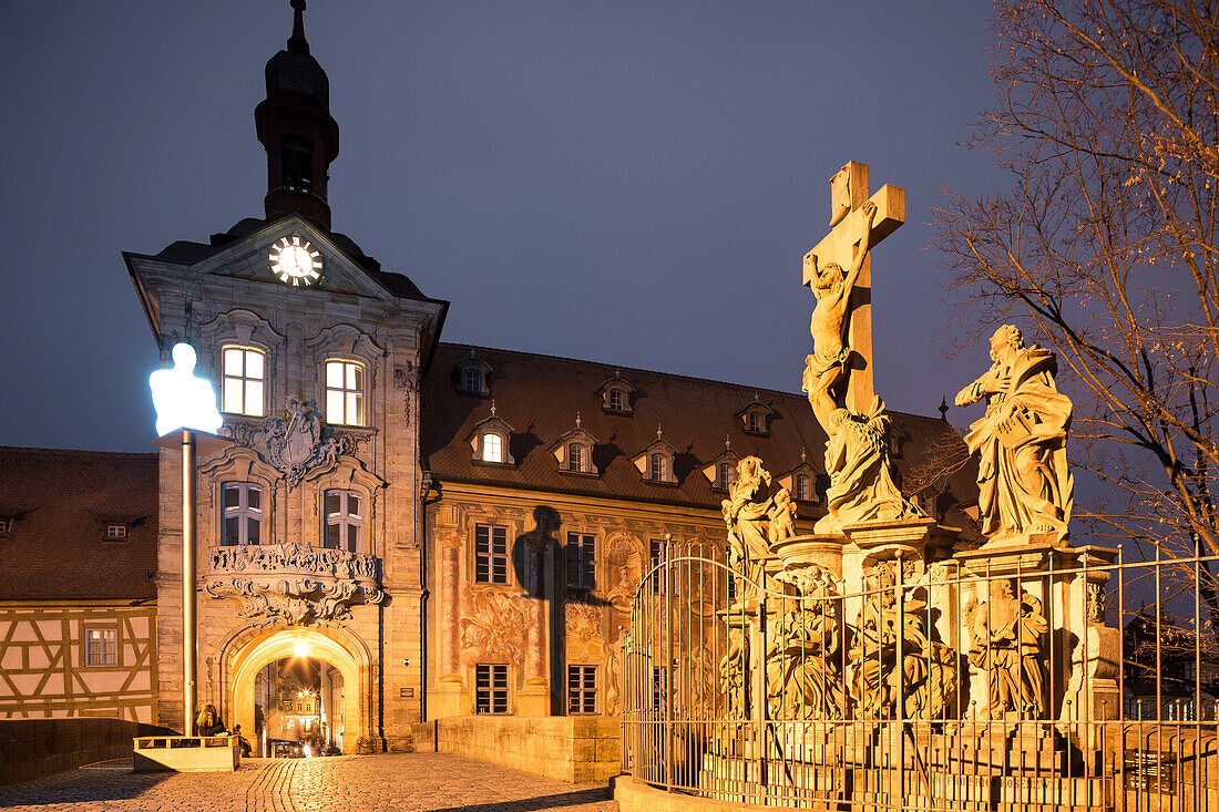 Old Town Hall with crucifixion group, Bamberg, Franken, Bavaria, Germany, Europe, UNESCO World Heritage Site