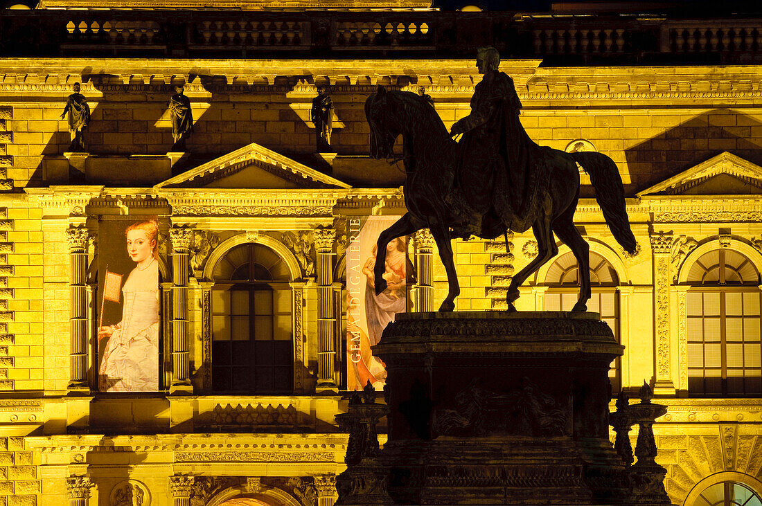 Semper Gallery and Koenig Johann memorial at night, Dresden, Germany