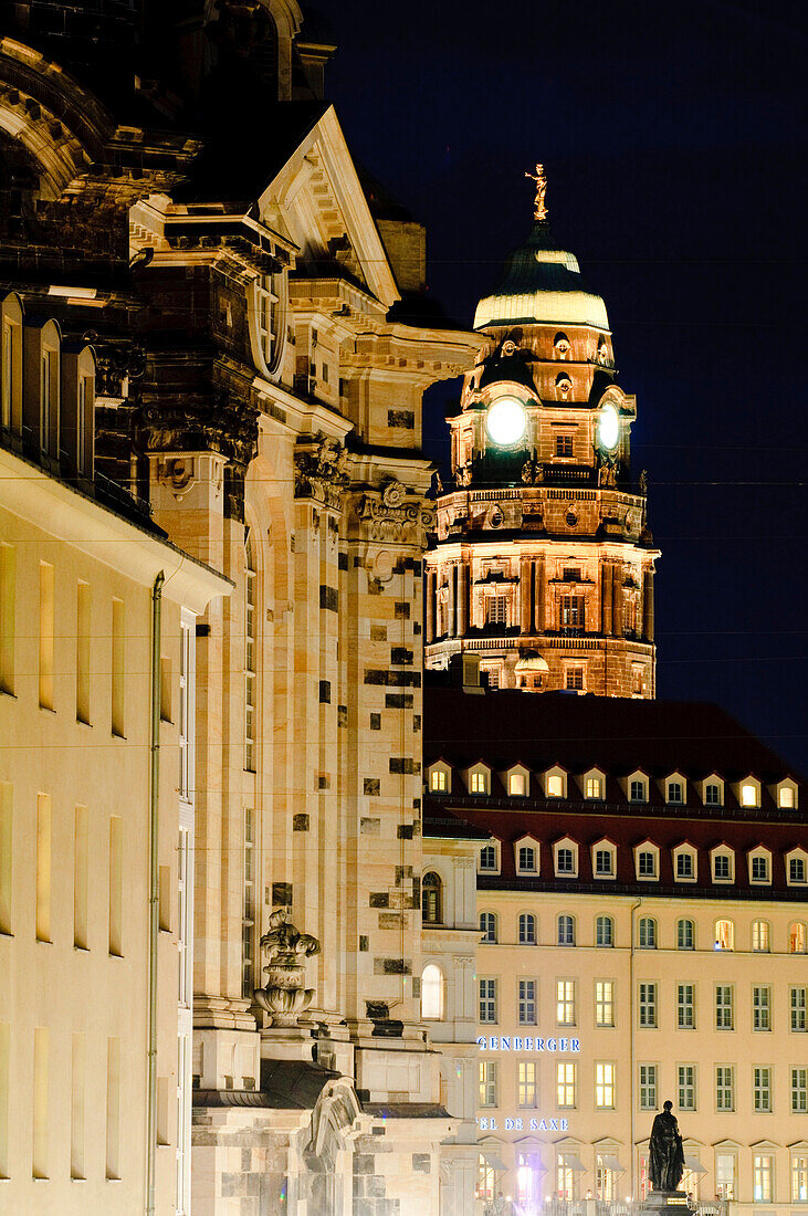 Muenzgasse, Dresden Frauenkirche, church of Our Lady and town hall tower at night, Dresden, Saxony, Germany