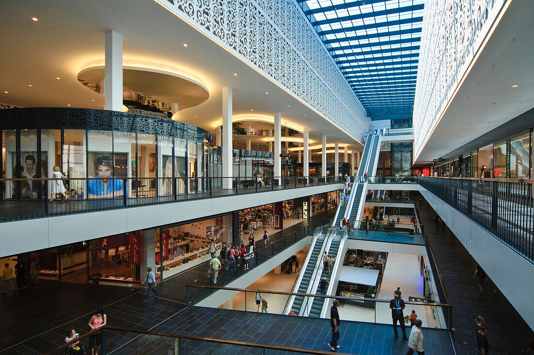 Interior view of a shopping center with escalator, Centrum Galerie, Dresden, Saxony, Germany