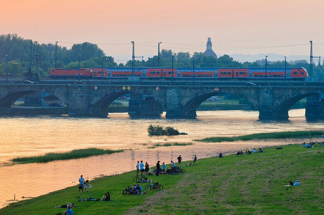 Sunset on the river Elbe and people on the Elbe meadows, Elbwiesen, Dresden, Saxony, Germany