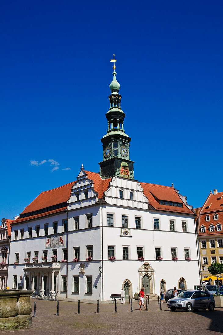Town hall under blue sky, Pirna, Saxony, Germany, Europe