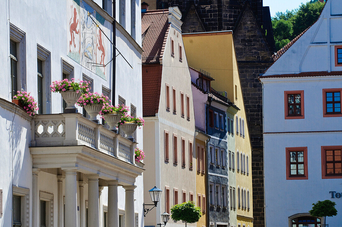 Detail des Rathauses, Häuser und Marienkirche im Hintergrund, Pirna, Sachsen, Deutschland, Europa