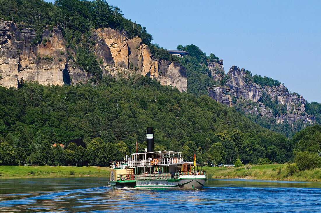 Steamboat on Elbe river, Bastei, Elbe Sandstone mountains, Saxon Switzerland, Saxony, Germany, Europe