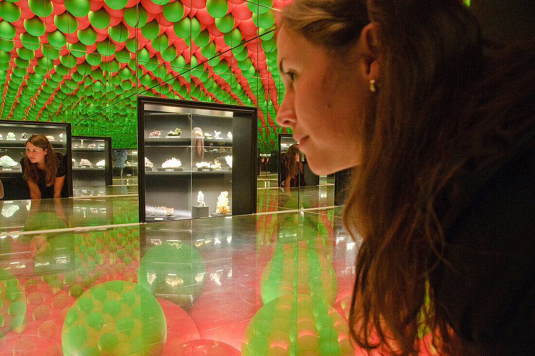 Woman at terra mineralia, exhibition of minerals, Freiberg, Saxony, Germany, Europe