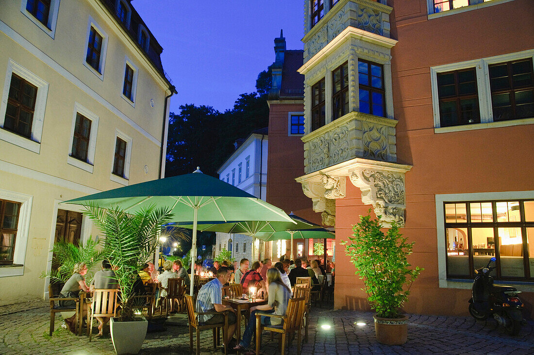 Bar at the Teufelserker house at dusk, Pirna, Saxony, Germany, Europe