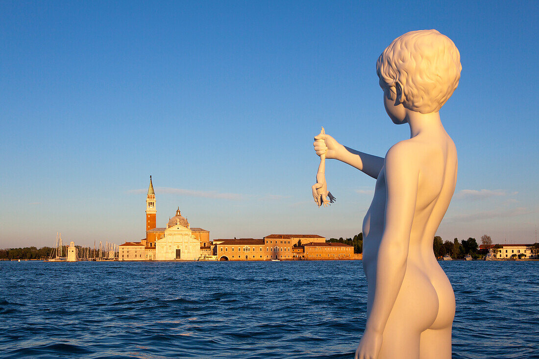 Sculpture of the boy with frog, by Charles Ray, Punta della Dogana, Venice, Italy