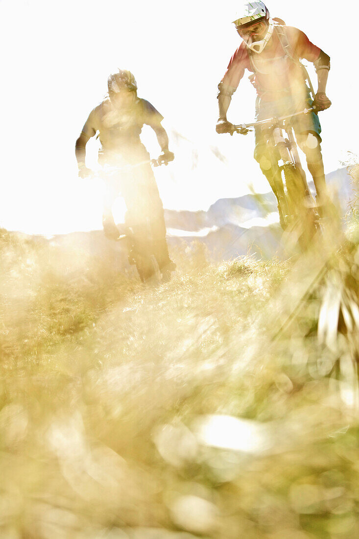 Zwei Freeride Mountainbiker im Gelände, Chatel, Haute-Savoie, Frankreich
