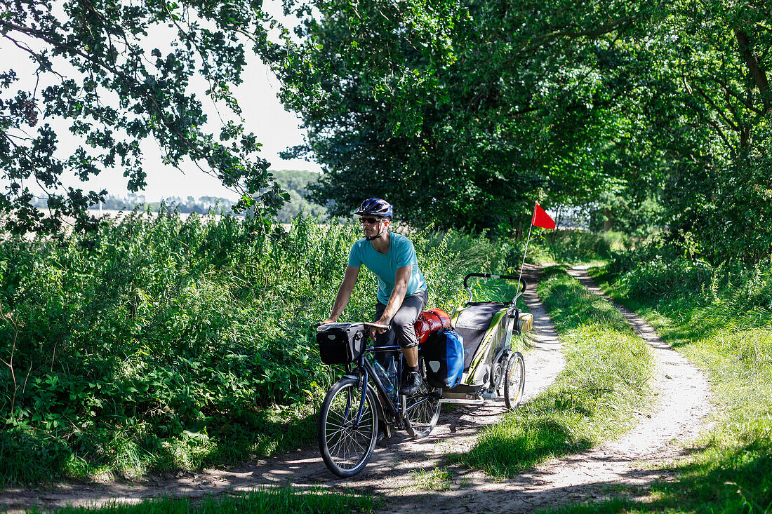 Mann radelt mit Kinderanhänger auf einem Feldweg, Altefähr, Insel Rügen, Mecklenburg-Vorpommern, Deutschland