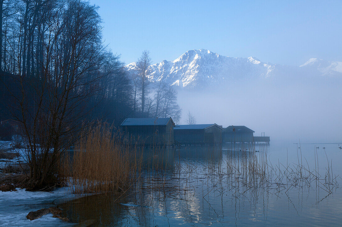 Lake Kochelsee with Herzogstand mountain in winter, Alps, Upper Bavaria, Bavaria, Germany