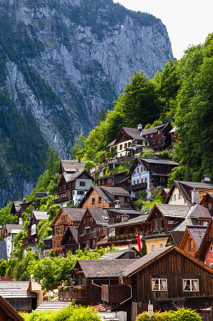 Häuser am Hang, Hallstatt am Hallstätter See, Salzkammergut, Alpen, Oberösterreich, Österreich
