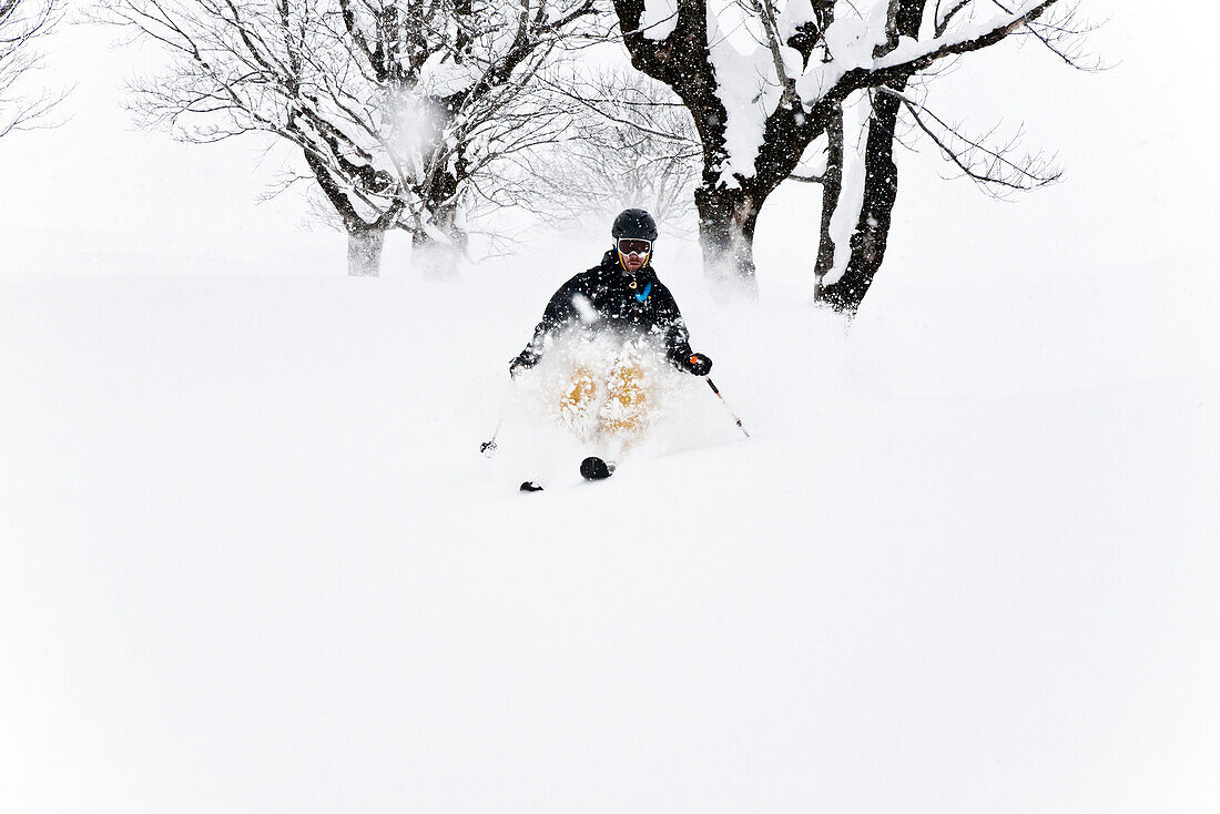 Mann beim Freeriden im Neuschnee, Laliderer Scharte, Risstal, Österreich