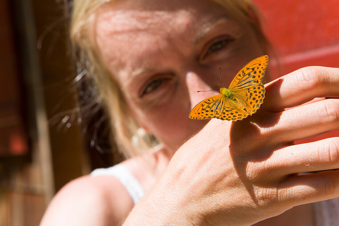 Woman holding a butterfly on hand, Plankenstein hut, Plankenstei, Rottach-Egern, Bavaria, Germany